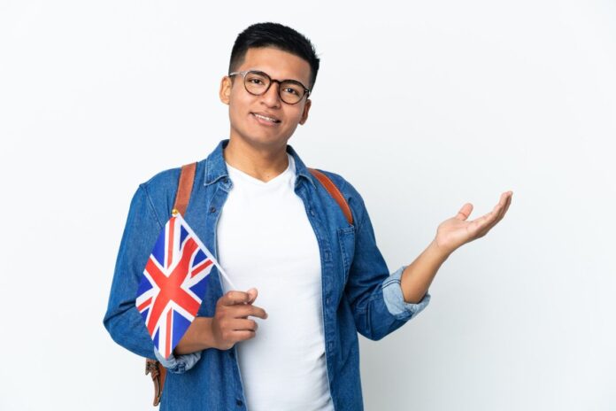 student with UK flag for abroad studies